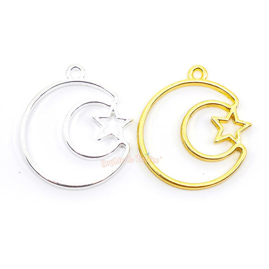 Crescent Moon Star Open Bezel Gold Charm