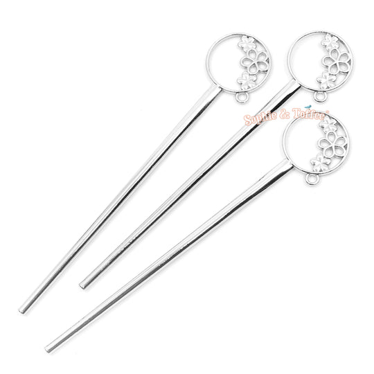 Plum Blossom Flower Silver Bezel Hair Stick (2 pieces)